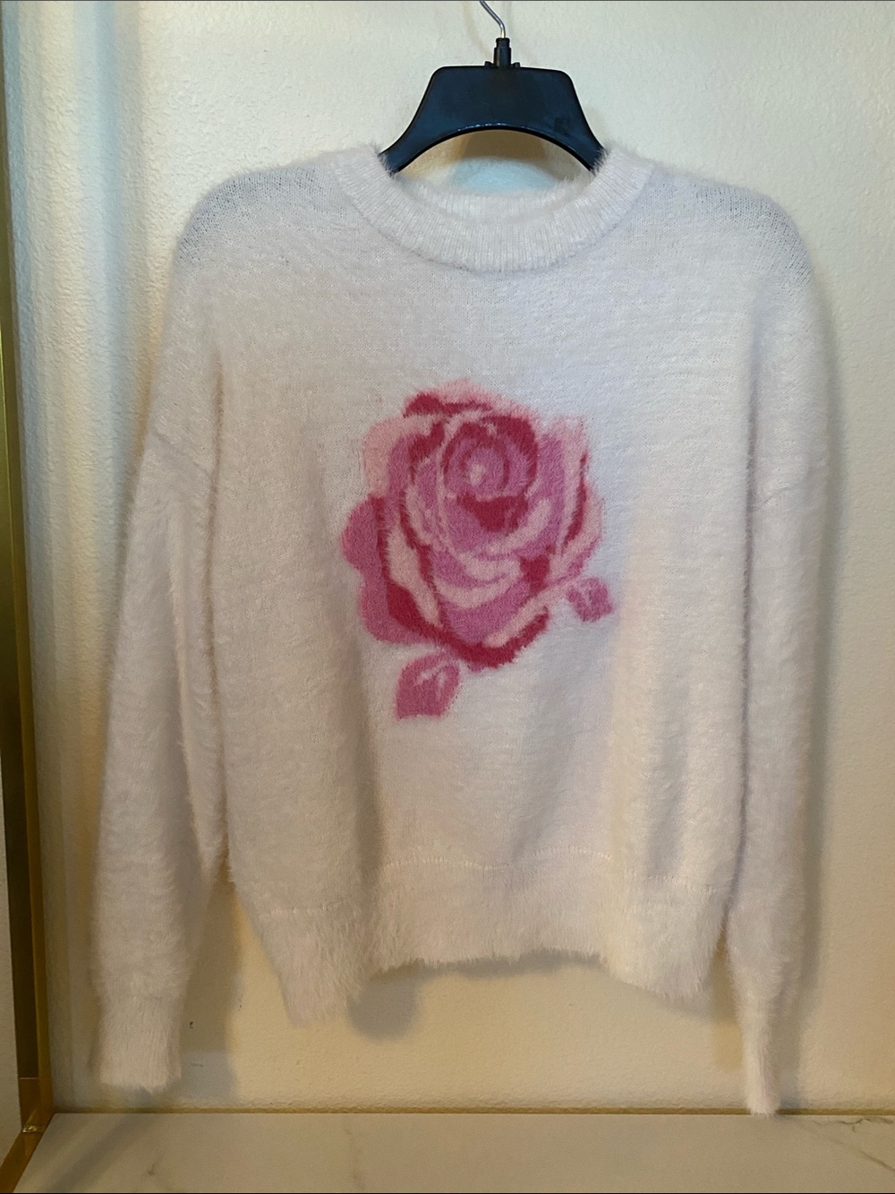 Juniors’ Medium Rose-Print Eyelash-Texture Sweater